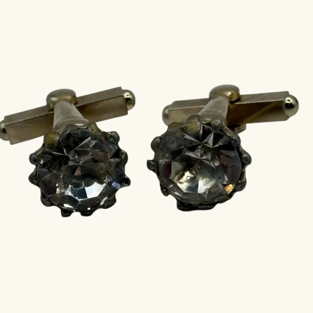 Vintage Cufflinks Large Faceted Crystal Prong Set Gold Tone Formal Suit READ‎